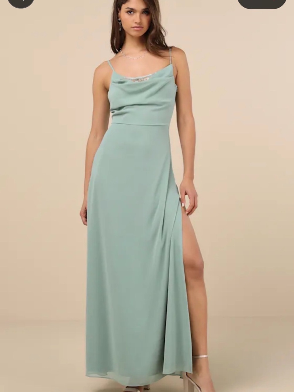Lulu's Sage Green Cowl Neck Spaghetti Strap Maxi Dress with Side Slit